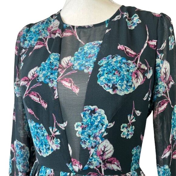 Kimchi Blue Nina Sheer Panel Dress Women's Gray Floral Aqua Pink Lined Size 4 - Picture 4 of 16